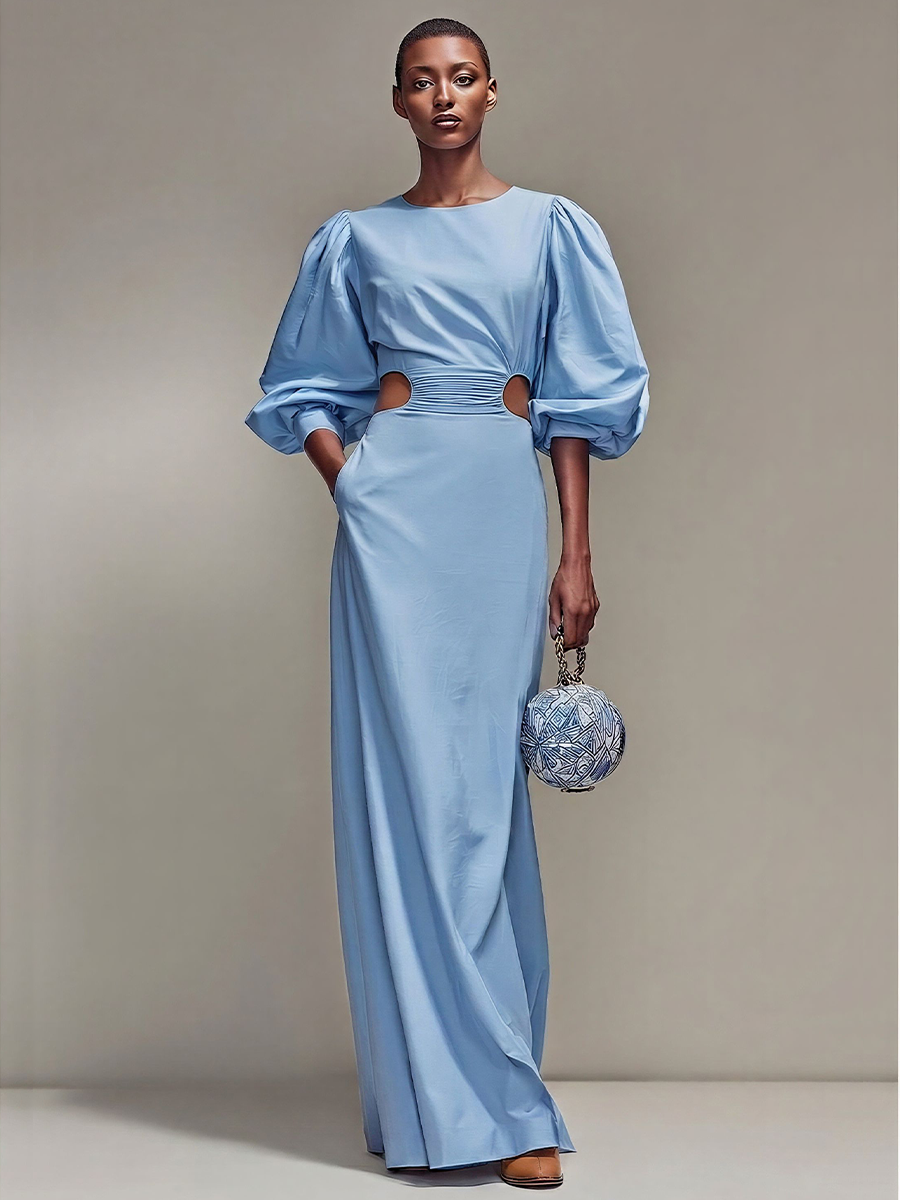 Women’s Sky Blue Satin Round Neck Balloon Sleeve Ruched Waist Cutout Maxi Dress