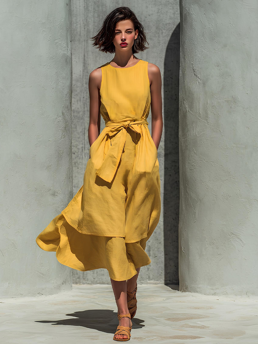 Women’s Yellow Linen-Blend Sleeveless Round Neck Belted Layered Midi Dress