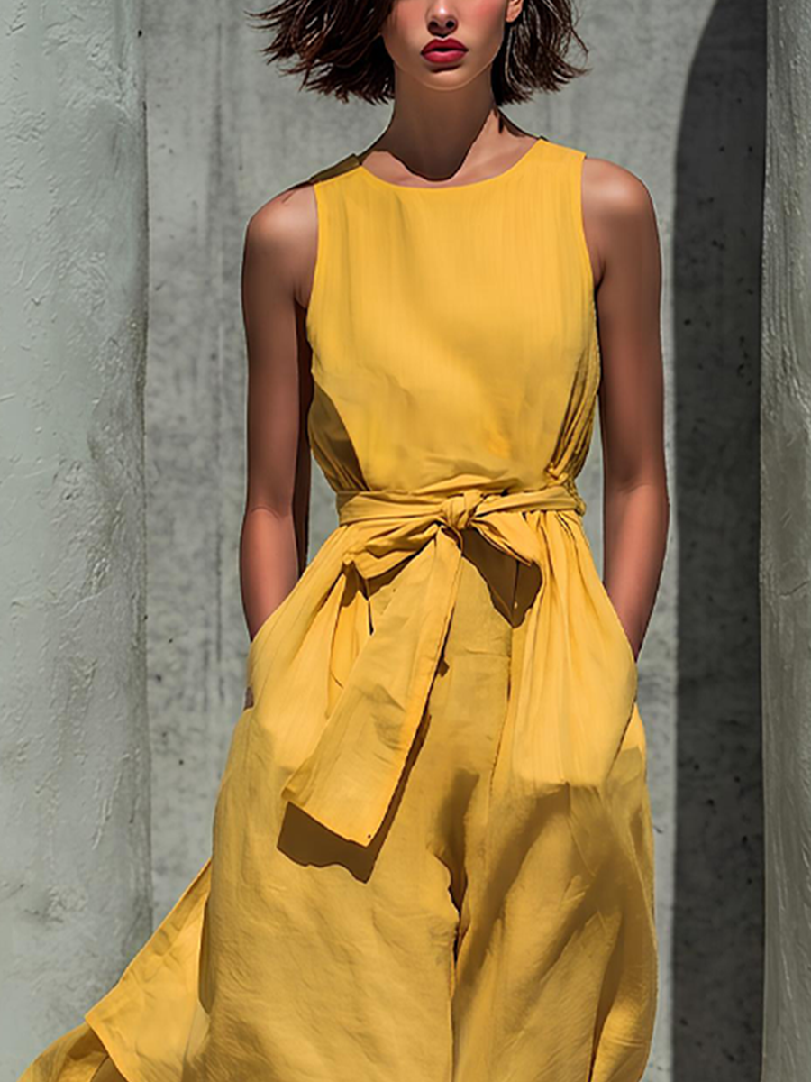 Women’s Yellow Linen-Blend Sleeveless Round Neck Belted Layered Midi Dress