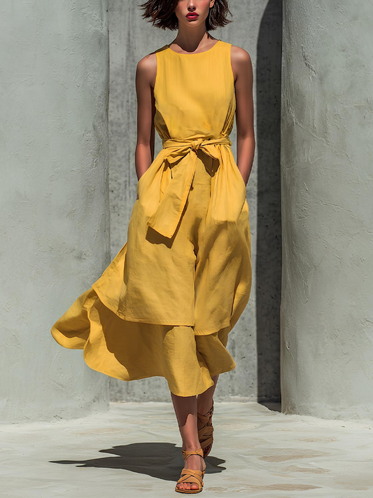 Women’s Yellow Linen-Blend Sleeveless Round Neck Belted Layered Midi Dress