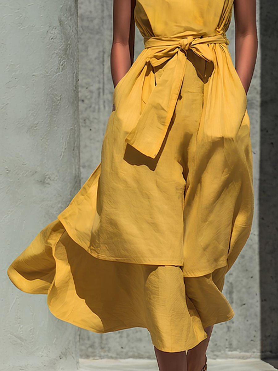 Women’s Yellow Linen-Blend Sleeveless Round Neck Belted Layered Midi Dress
