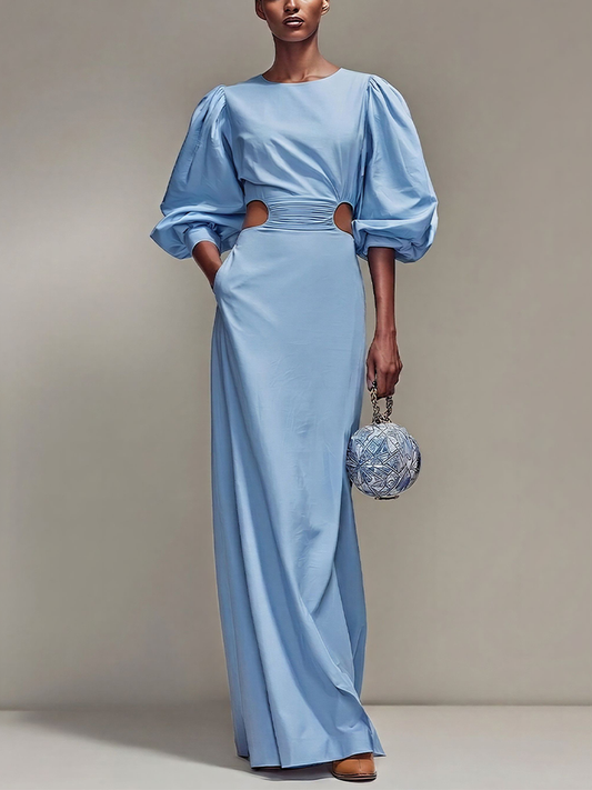Women’s Sky Blue Satin Round Neck Balloon Sleeve Ruched Waist Cutout Maxi Dress