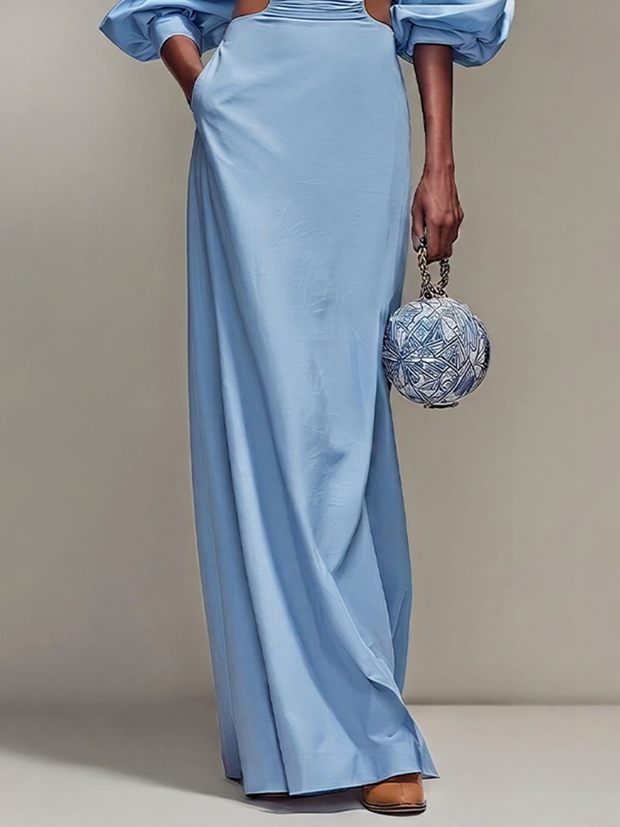 Women’s Sky Blue Satin Round Neck Balloon Sleeve Ruched Waist Cutout Maxi Dress