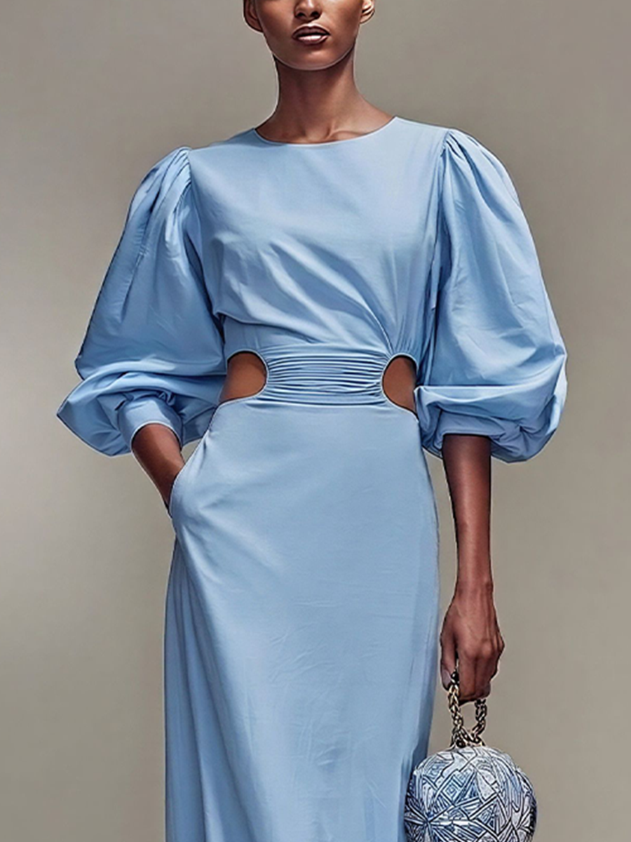 Women’s Sky Blue Satin Round Neck Balloon Sleeve Ruched Waist Cutout Maxi Dress