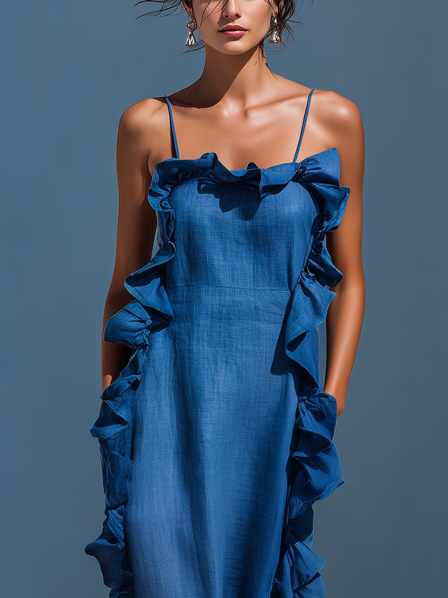 Women’s Blue Linen-Blend Spaghetti Strap Ruffle Trim Maxi Dress With Slit