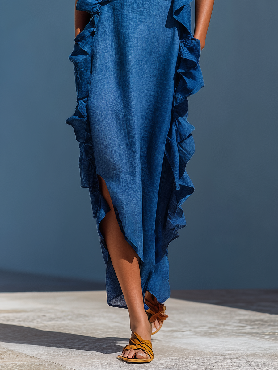 Women’s Blue Linen-Blend Spaghetti Strap Ruffle Trim Maxi Dress With Slit