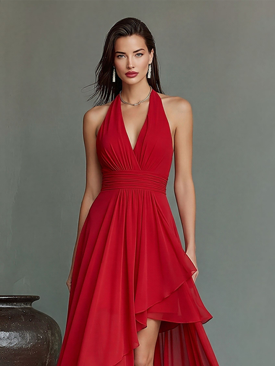 Women's Red Chiffon Halter Maxi Dress With Deep V-Neck & Asymmetric High-Low Hem, Timeless Formal Evening Gown