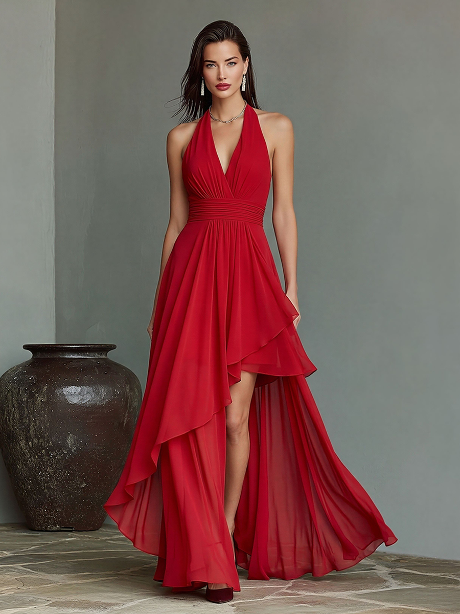 Women's Red Chiffon Halter Maxi Dress With Deep V-Neck & Asymmetric High-Low Hem, Timeless Formal Evening Gown