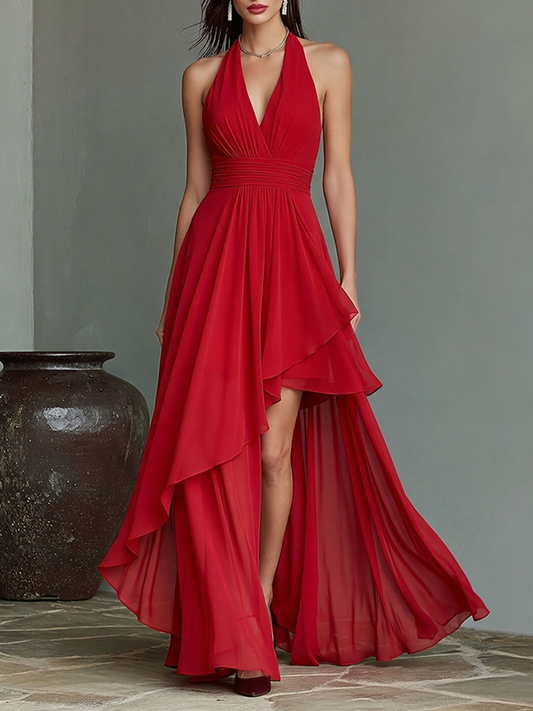Women's Red Chiffon Halter Maxi Dress With Deep V-Neck & Asymmetric High-Low Hem, Timeless Formal Evening Gown