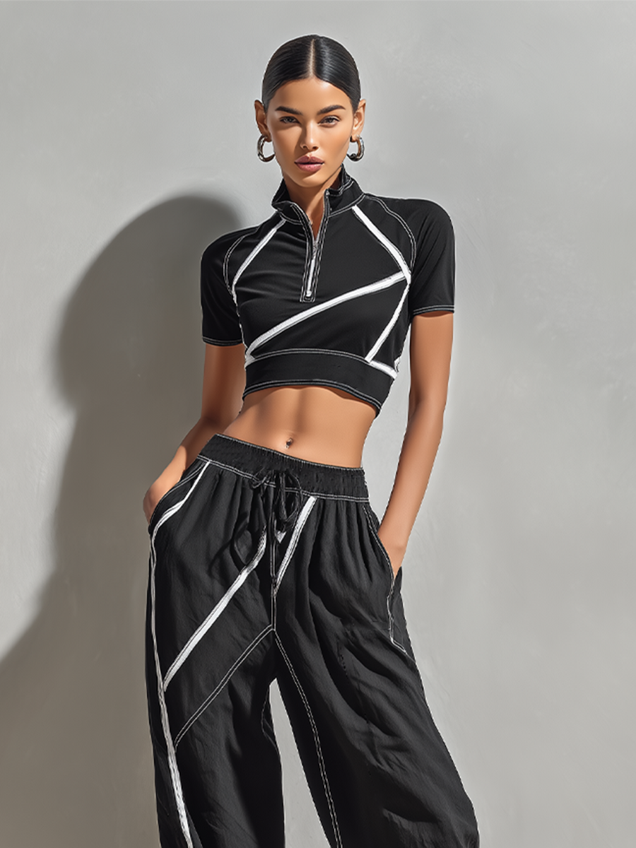 Women's Black & White Stitch Two-Piece Set With Zip Crop Top & Wide-Leg Pants, Timeless Sporty-Chic Athleisure Outfit