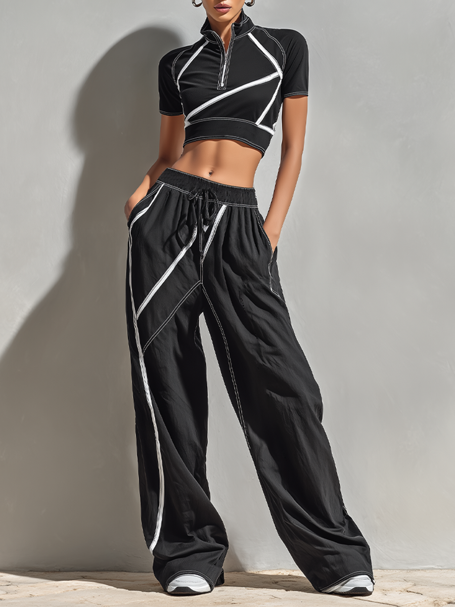 Women's Black & White Stitch Two-Piece Set With Zip Crop Top & Wide-Leg Pants, Timeless Sporty-Chic Athleisure Outfit
