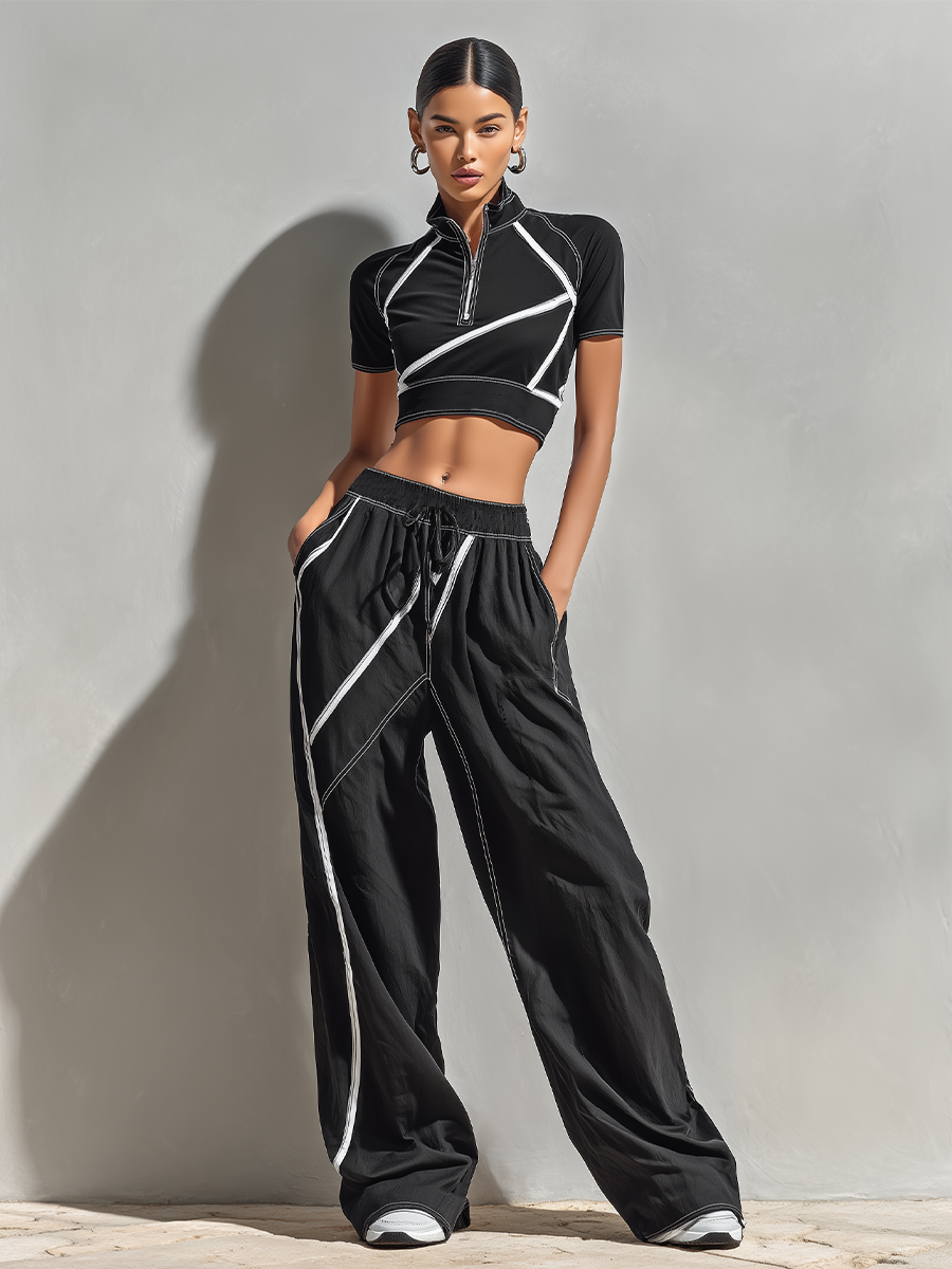 Women's Black & White Stitch Two-Piece Set With Zip Crop Top & Wide-Leg Pants, Timeless Sporty-Chic Athleisure Outfit