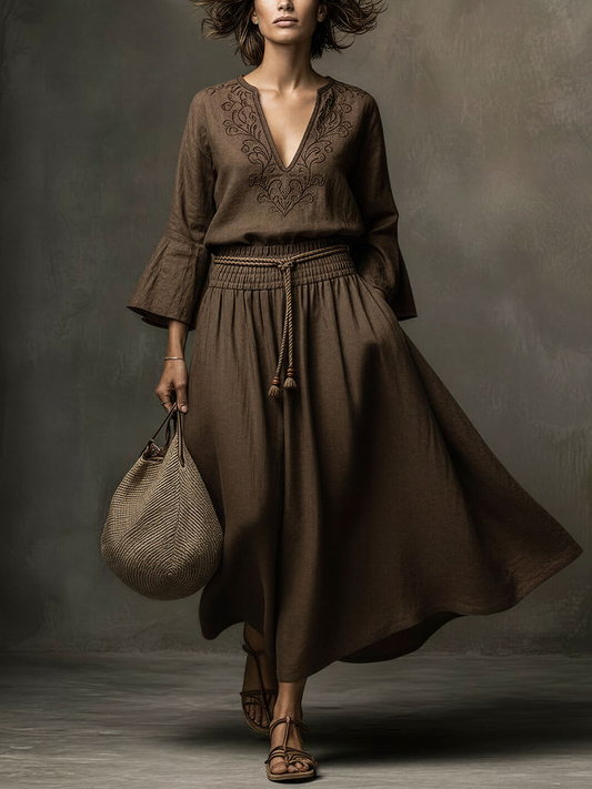 Women's Bohemian Dark Brown Linen-Cotton Embroidered Flare-Sleeve Waisted Maxi Dress