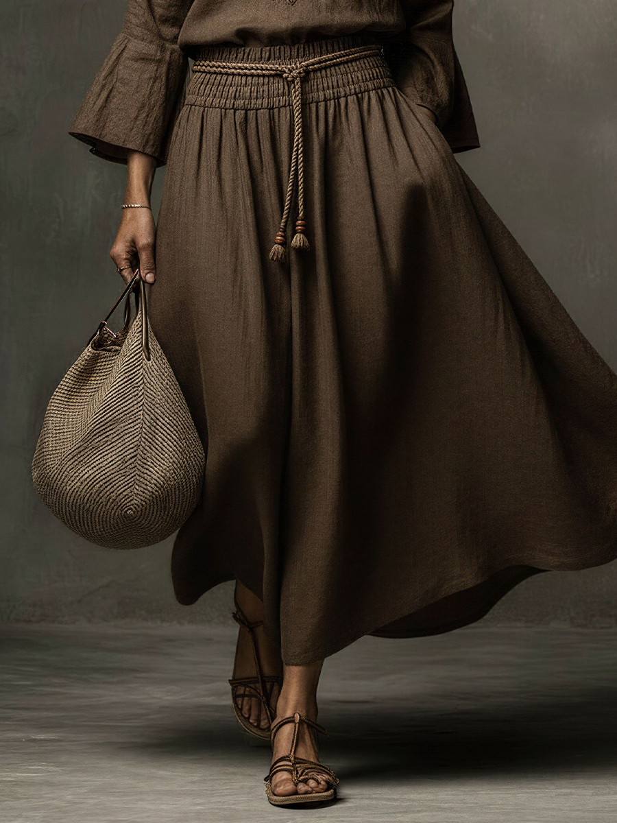 Women's Bohemian Dark Brown Linen-Cotton Embroidered Flare-Sleeve Waisted Maxi Dress