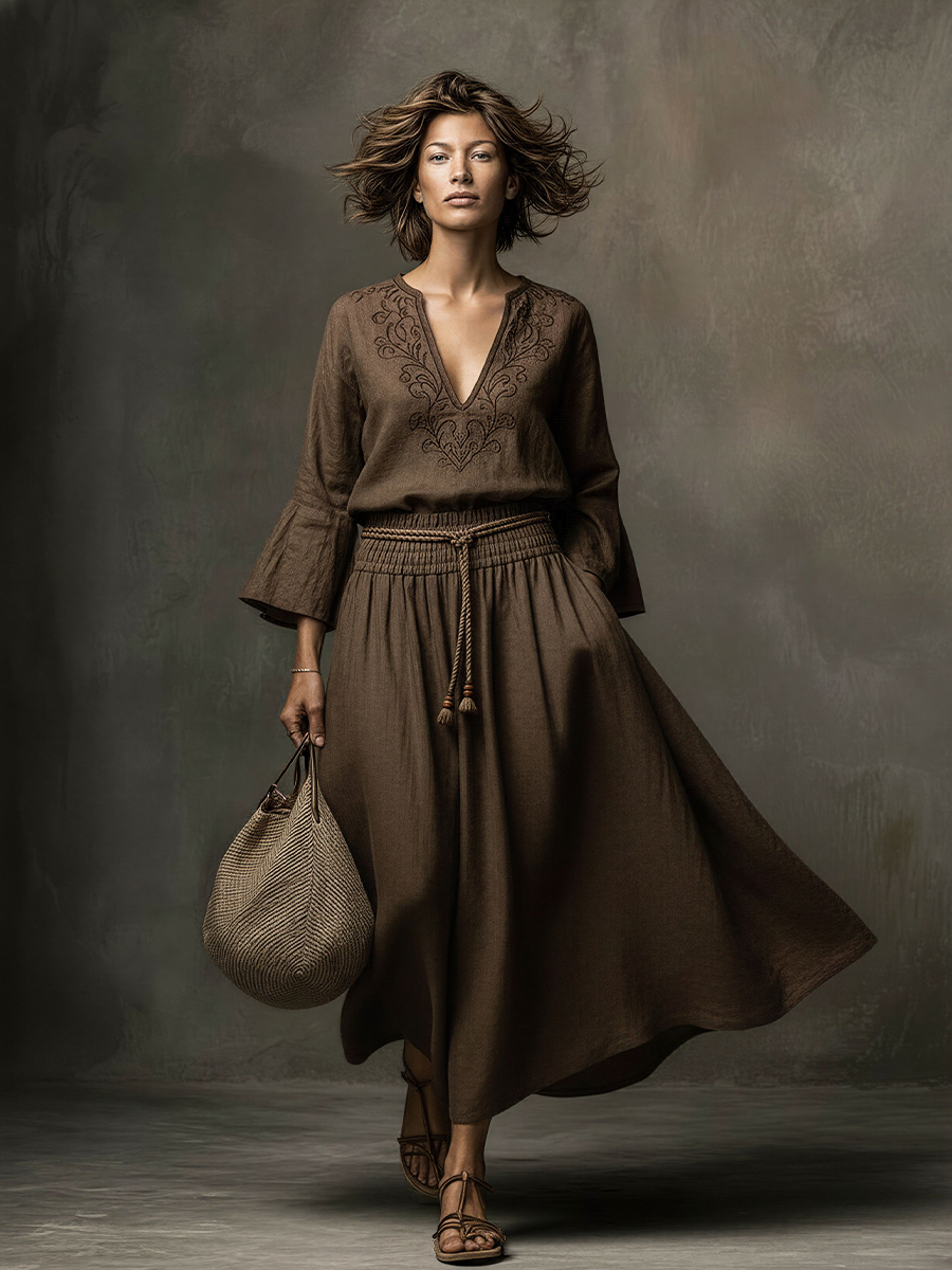 Women's Bohemian Dark Brown Linen-Cotton Embroidered Flare-Sleeve Waisted Maxi Dress