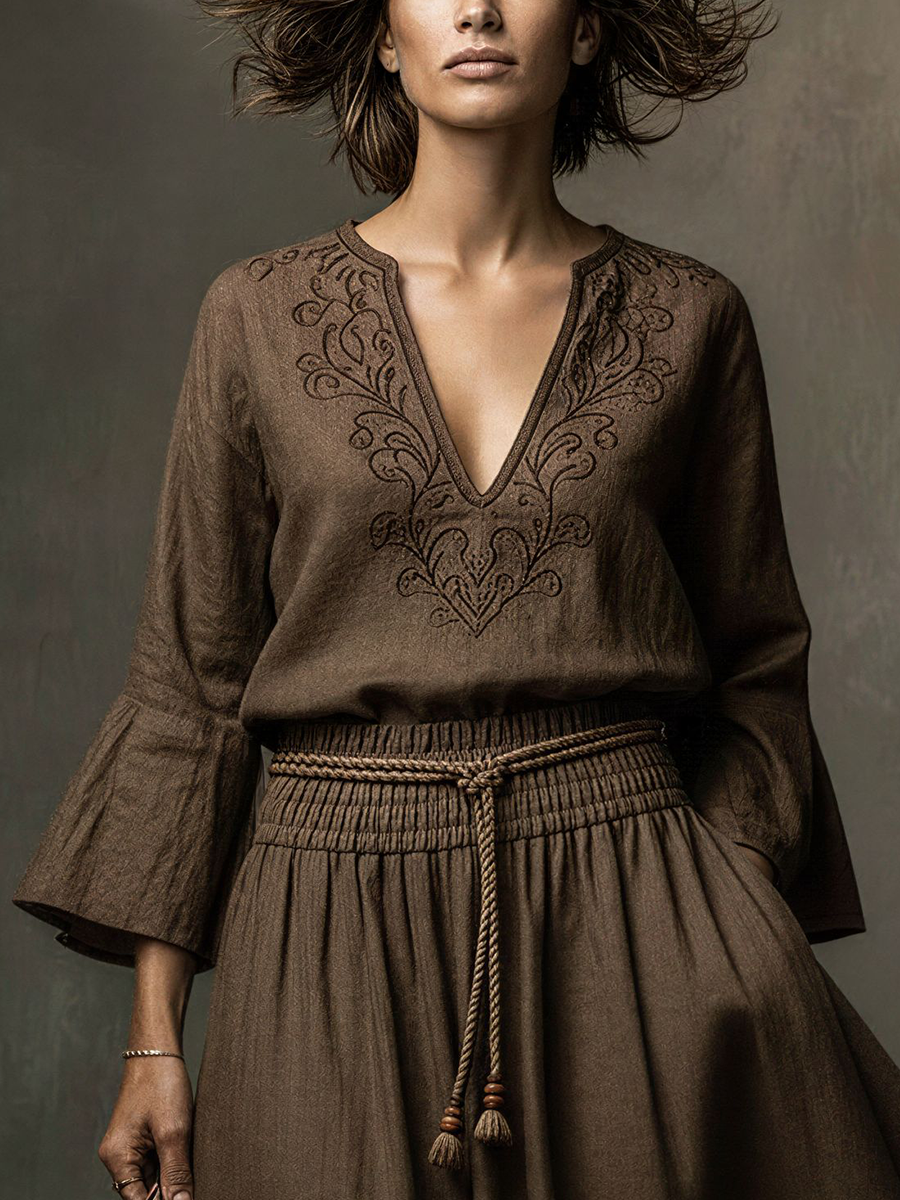 Women's Bohemian Dark Brown Linen-Cotton Embroidered Flare-Sleeve Waisted Maxi Dress