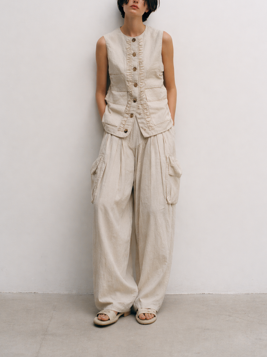 Women's Minimalist Casual Cotton And Linen Blend Off-white Suit