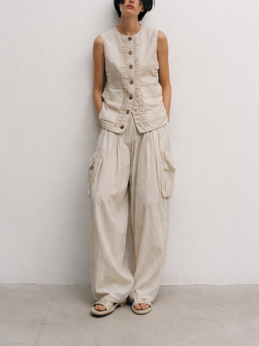 Women's Minimalist Casual Cotton And Linen Blend Off-white Suit