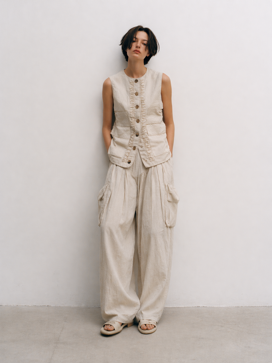 Women's Minimalist Casual Cotton And Linen Blend Off-white Suit