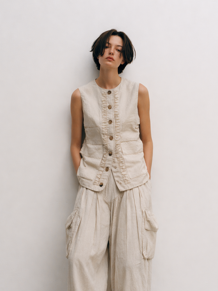 Women's Minimalist Casual Cotton And Linen Blend Off-white Suit