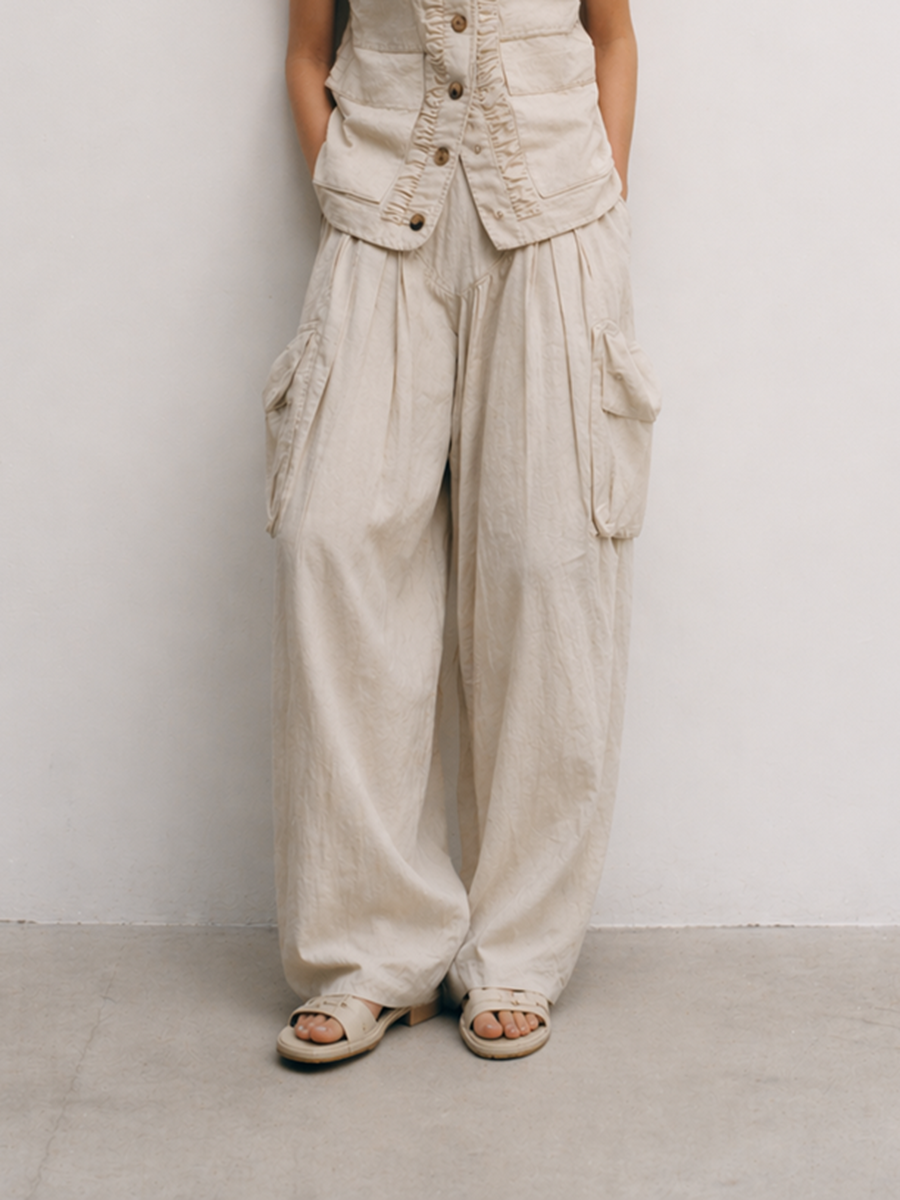 Women's Minimalist Casual Cotton And Linen Blend Off-white Suit