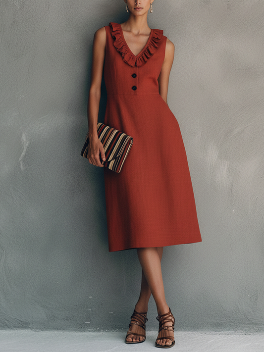 Women's Elegant Red Cotton Linen V-Neck Ruffled Sleeveless Midi Dress With Front Button Design