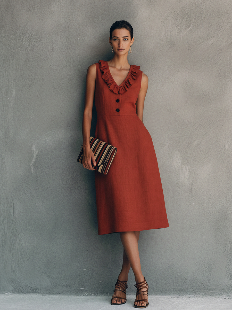 Women's Elegant Red Cotton Linen V-Neck Ruffled Sleeveless Midi Dress With Front Button Design
