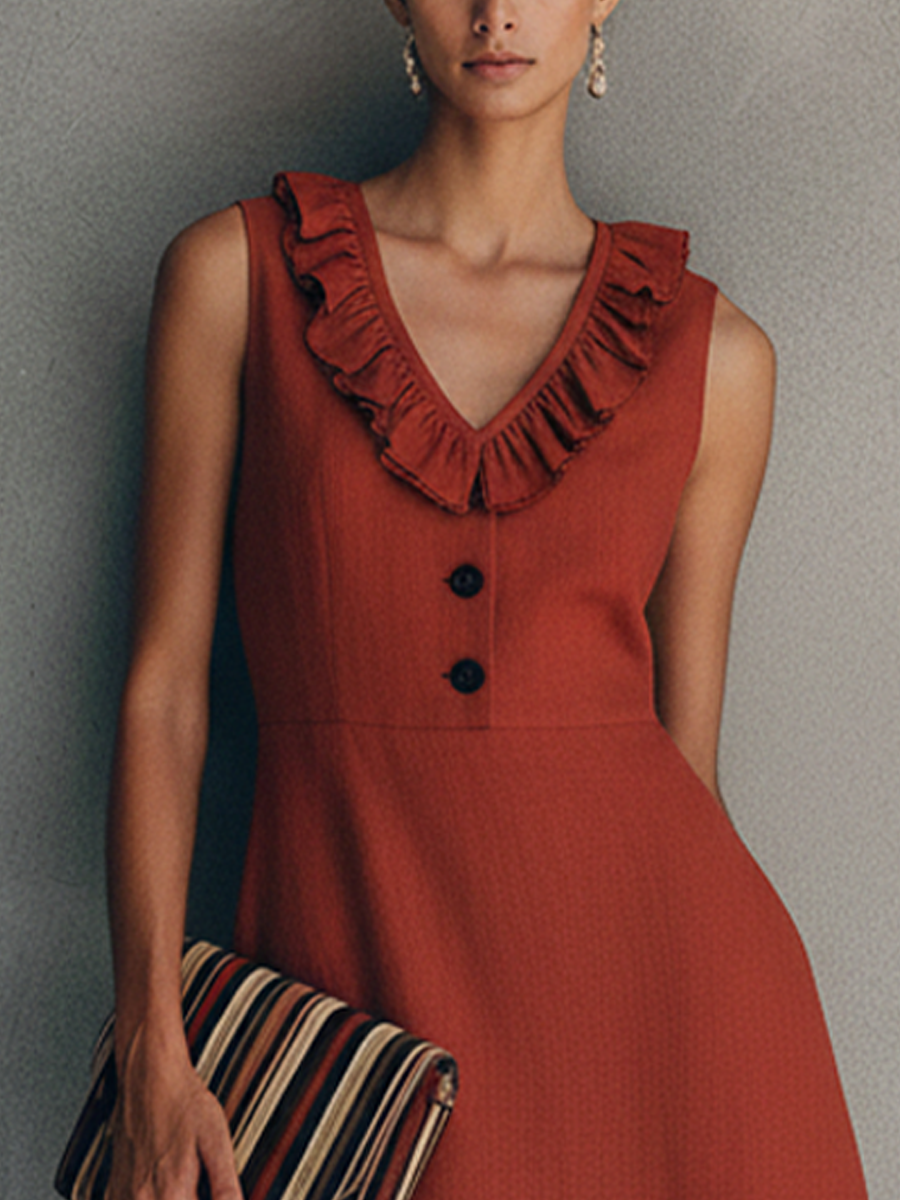 Women's Elegant Red Cotton Linen V-Neck Ruffled Sleeveless Midi Dress With Front Button Design