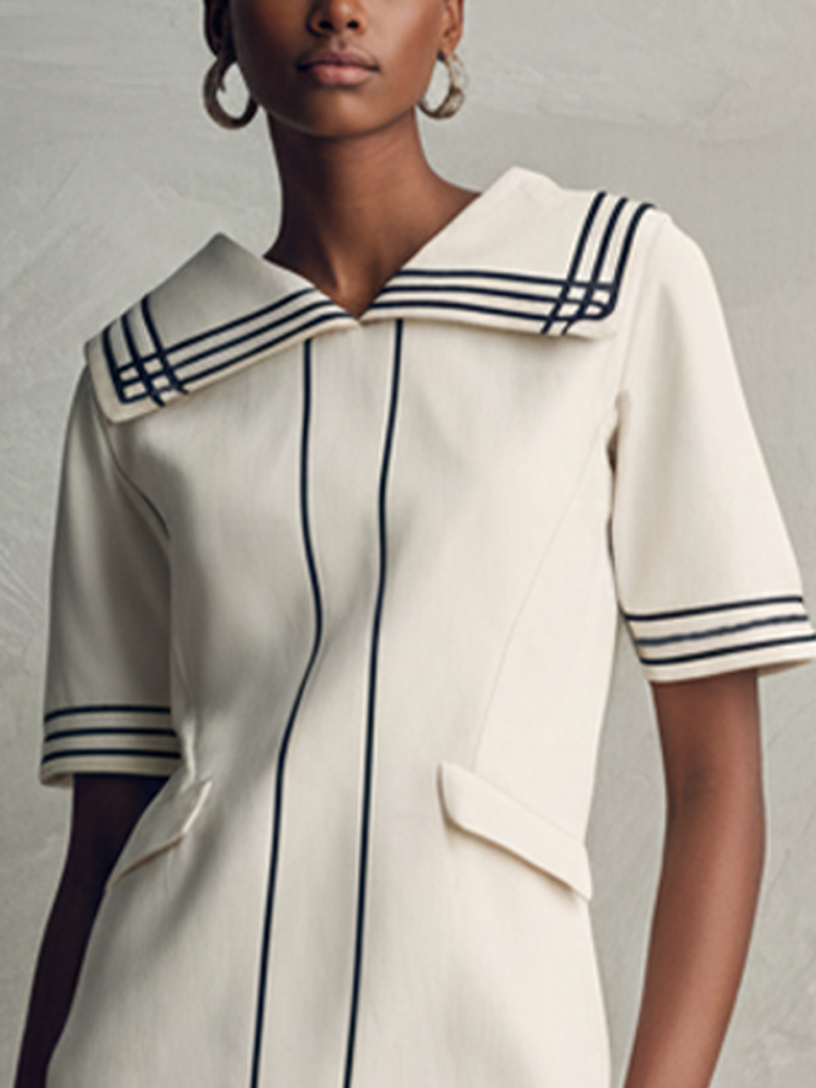 Women's Fashionable White Cotton Blend Color-Blocked Ribbon Collar Short-Sleeved Dress