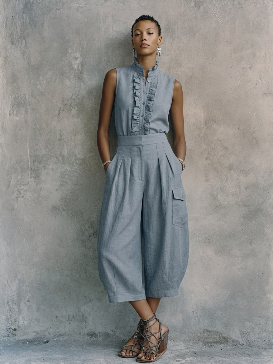 Women's Casual Gray-Blue Cotton Linen Stand-Up Collar Ruffled Button Design Fitted Waist Cropped Wide-Leg Jumpsuit