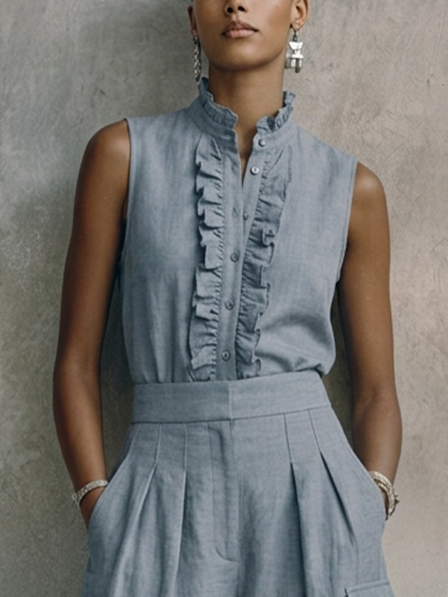 Women's Casual Gray-Blue Cotton Linen Stand-Up Collar Ruffled Button Design Fitted Waist Cropped Wide-Leg Jumpsuit