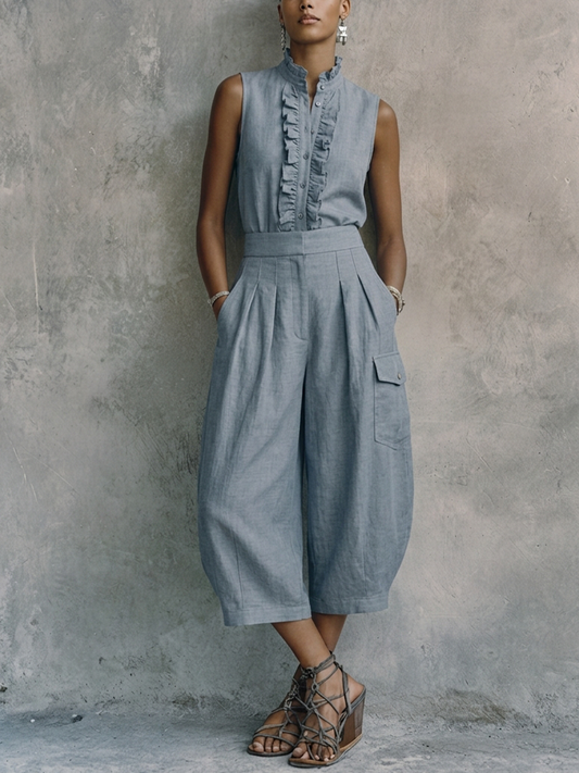 Women's Casual Gray-Blue Cotton Linen Stand-Up Collar Ruffled Button Design Fitted Waist Cropped Wide-Leg Jumpsuit