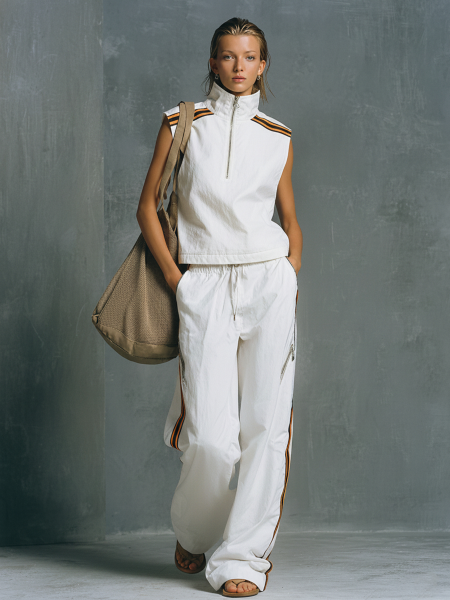 Women's Sporty White Cotton-Blend Half-Zip Sleeveless Top And Wide-Leg Pants Set With Contrasting Webbing Design