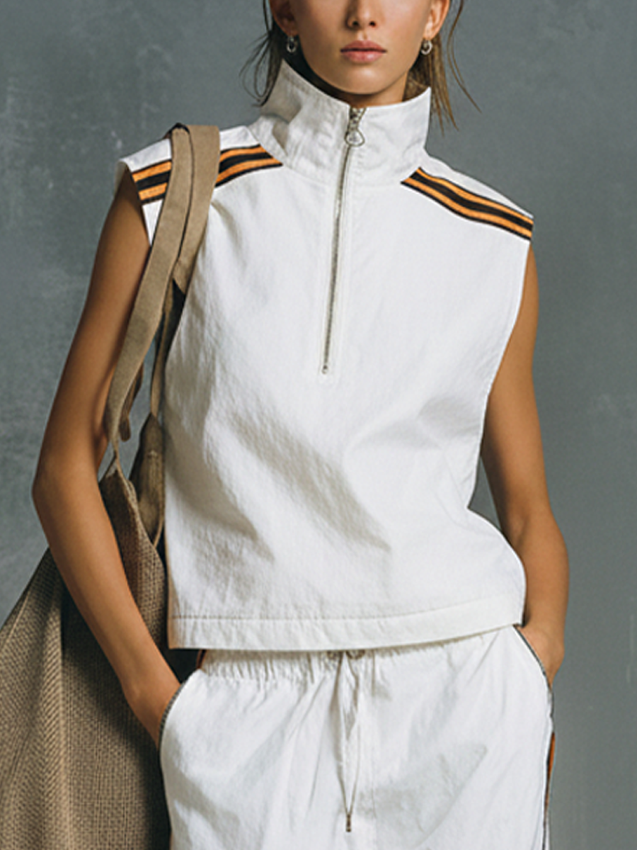 Women's Sporty White Cotton-Blend Half-Zip Sleeveless Top And Wide-Leg Pants Set With Contrasting Webbing Design