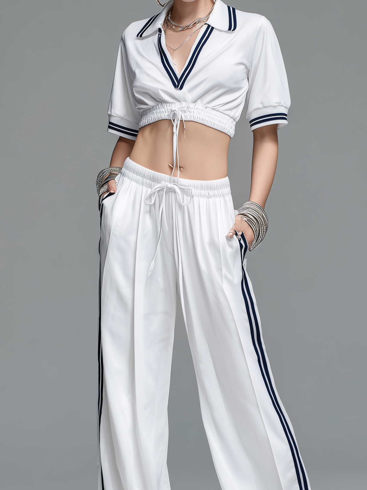 Women's Casual Sporty Style White Stretch-Knit V-Neck Long-Sleeve Top And Trousers Set