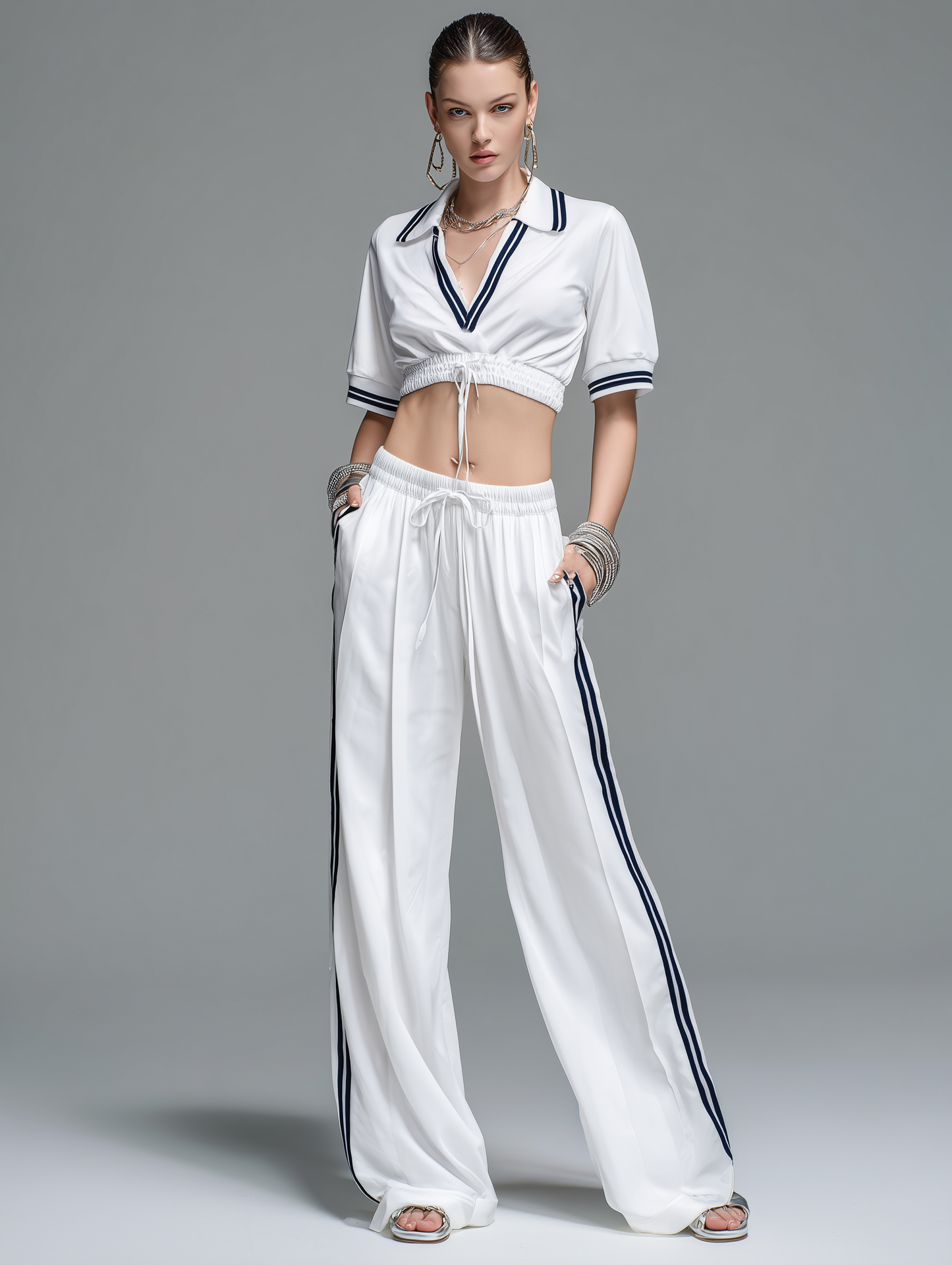 Women's Casual Sporty Style White Stretch-Knit V-Neck Long-Sleeve Top And Trousers Set