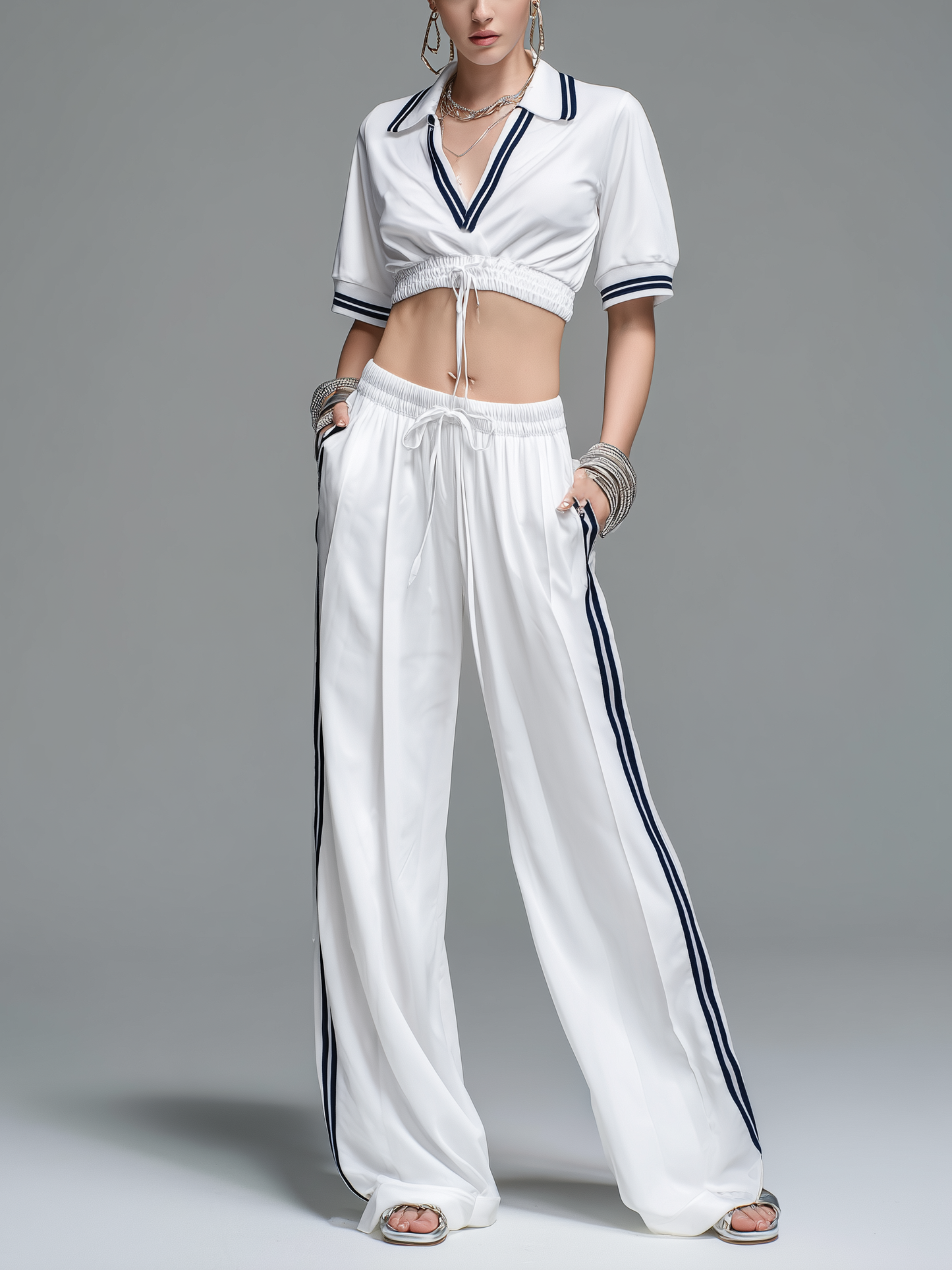 Women's Casual Sporty Style White Stretch-Knit V-Neck Long-Sleeve Top And Trousers Set