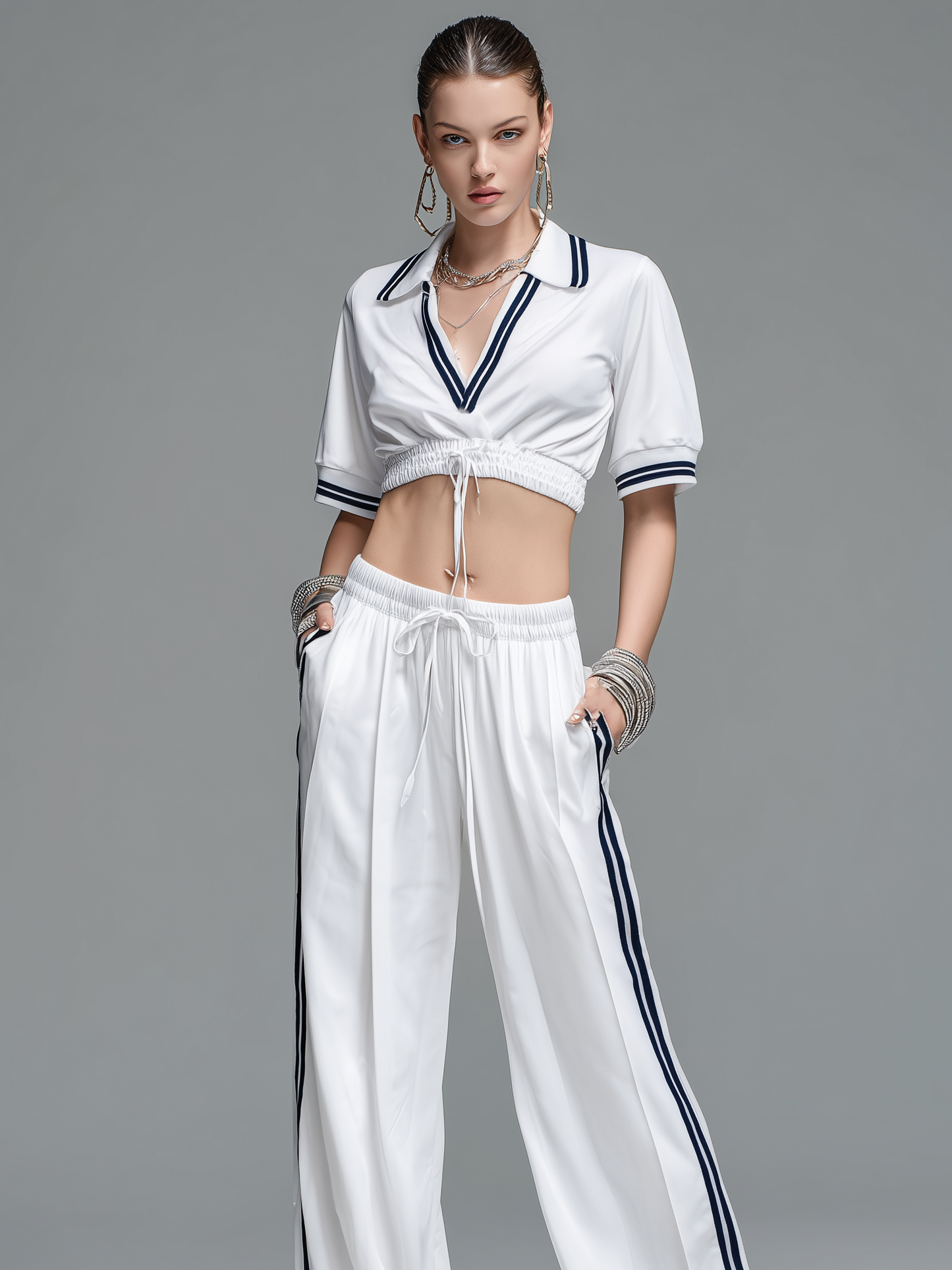 Women's Casual Sporty Style White Stretch-Knit V-Neck Long-Sleeve Top And Trousers Set