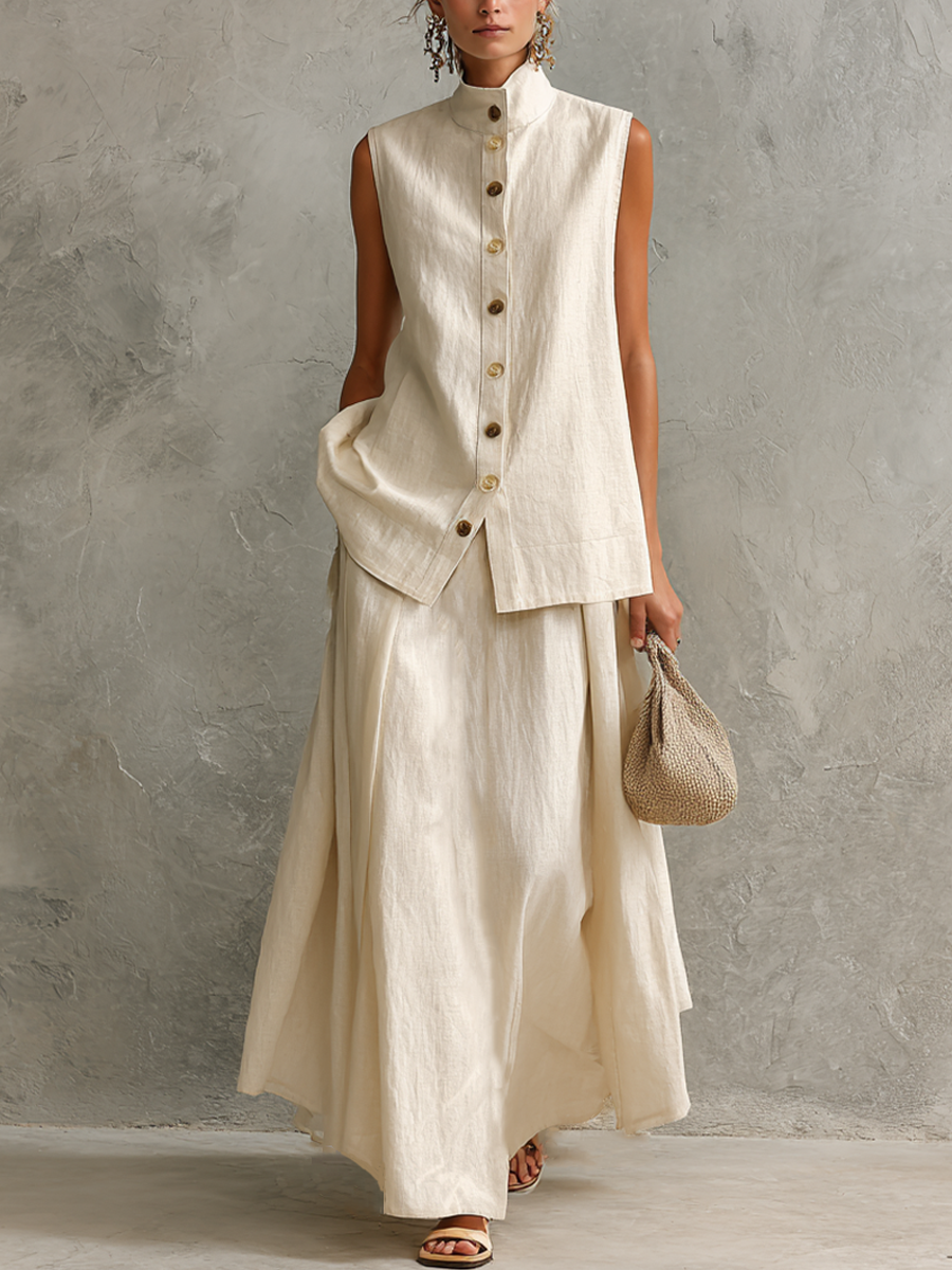 Women's Relaxed Off-White Linen-Cotton Two-Tone Button Stand Collar Sleeveless Vest And Maxi Skirt Two-Piece Set