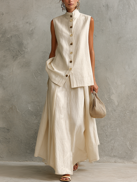 Women's Relaxed Off-White Linen-Cotton Two-Tone Button Stand Collar Sleeveless Vest And Maxi Skirt Two-Piece Set