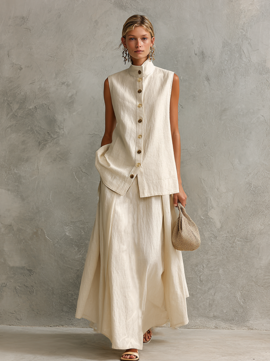 Women's Relaxed Off-White Linen-Cotton Two-Tone Button Stand Collar Sleeveless Vest And Maxi Skirt Two-Piece Set
