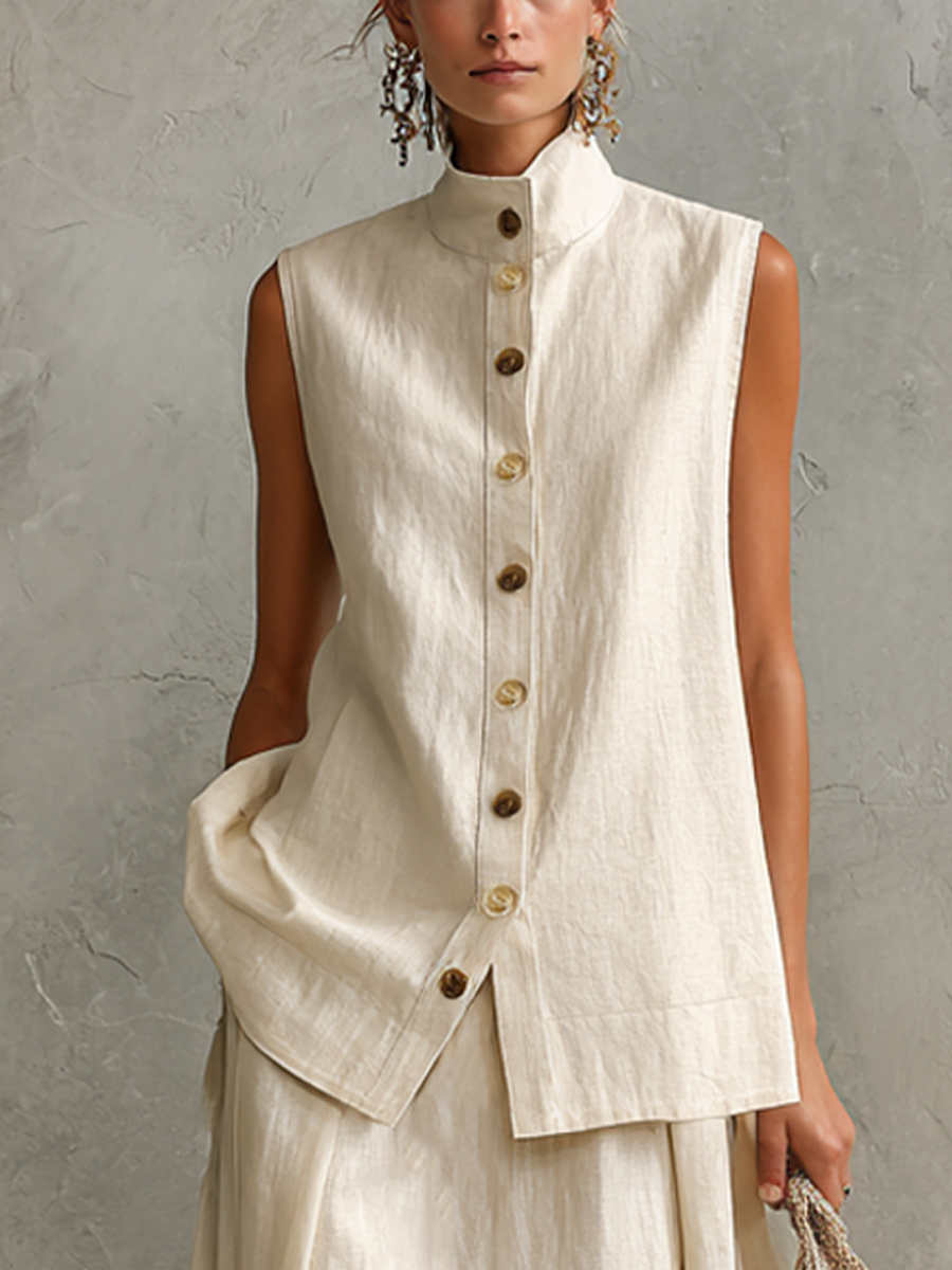 Women's Relaxed Off-White Linen-Cotton Two-Tone Button Stand Collar Sleeveless Vest And Maxi Skirt Two-Piece Set