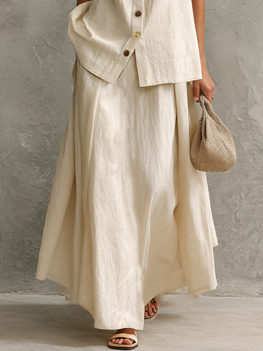 Women's Relaxed Off-White Linen-Cotton Two-Tone Button Stand Collar Sleeveless Vest And Maxi Skirt Two-Piece Set