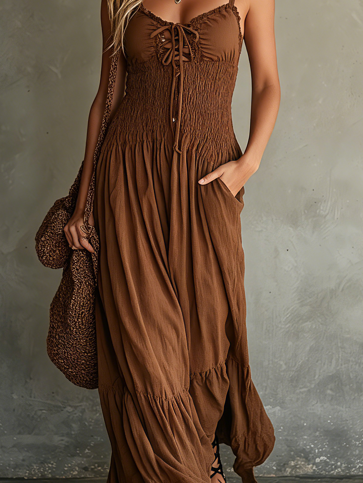 Women's Casual Brown Woven Sleeveless Spaghetti-Strap Maxi Dress