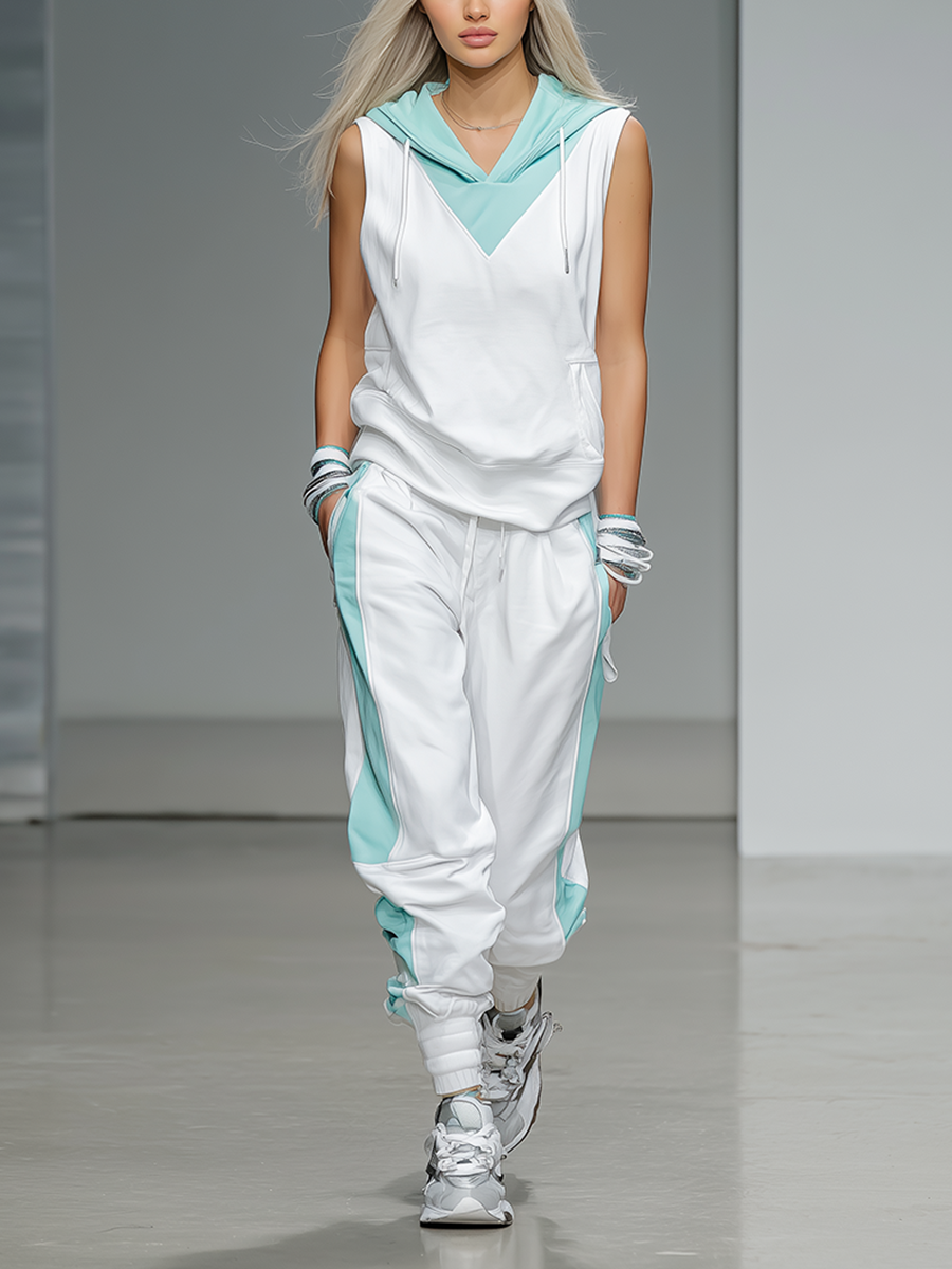 Women's Athleisure White And Teal Hooded Tracksuit