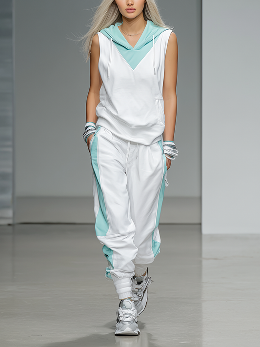 Women's Athleisure White And Teal Hooded Tracksuit