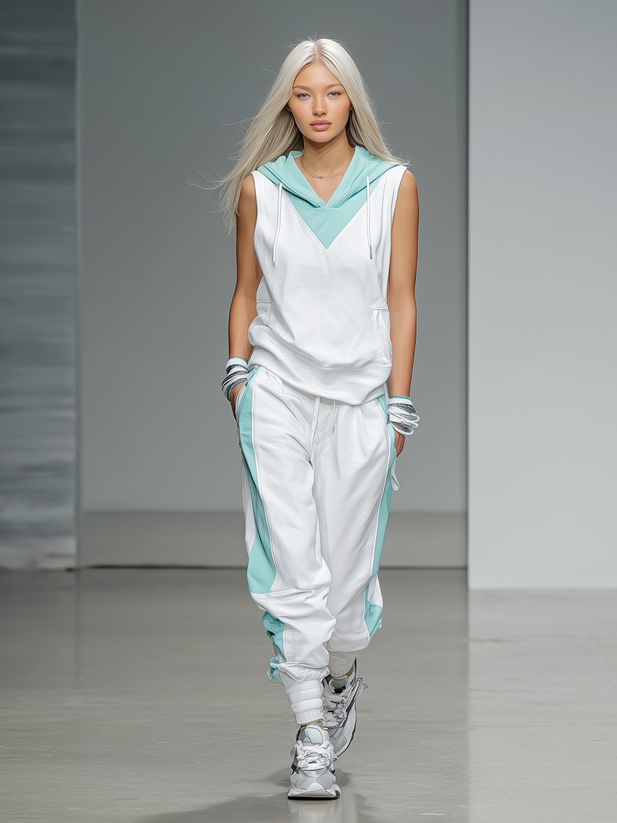 Women's Athleisure White And Teal Hooded Tracksuit