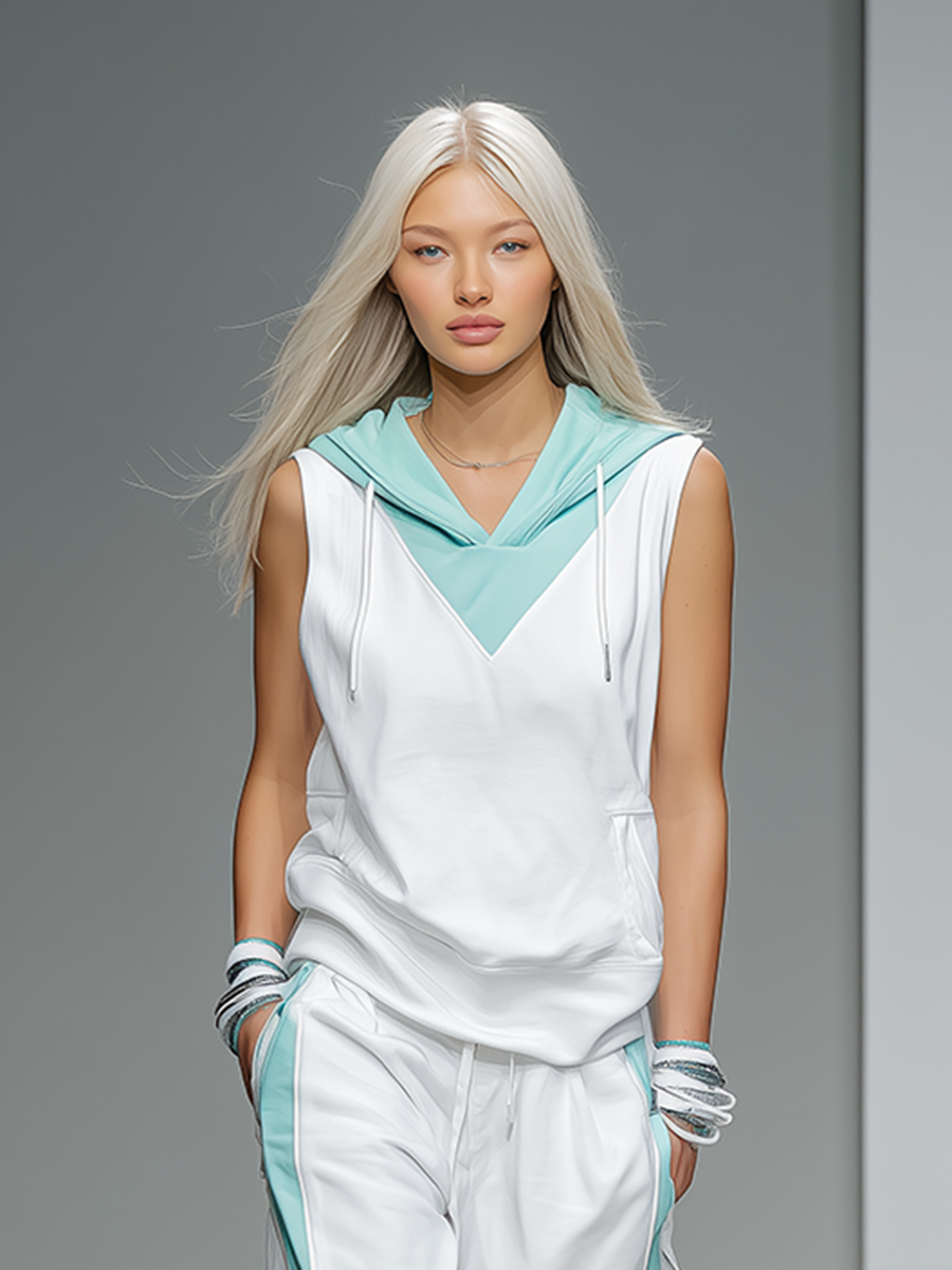 Women's Athleisure White And Teal Hooded Tracksuit