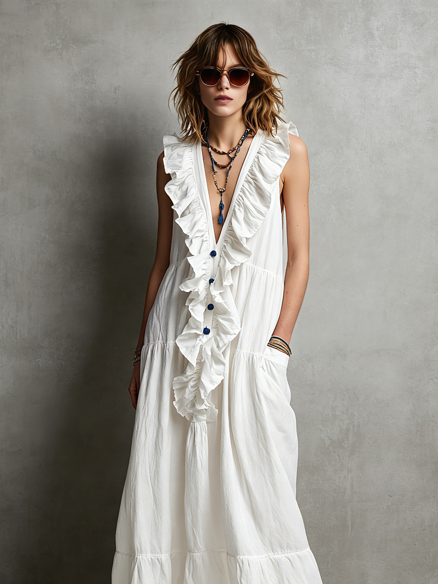 Women's Casual White Cotton-Linen Maxi Dress — V-Neck, Ruffled, Sleeveless