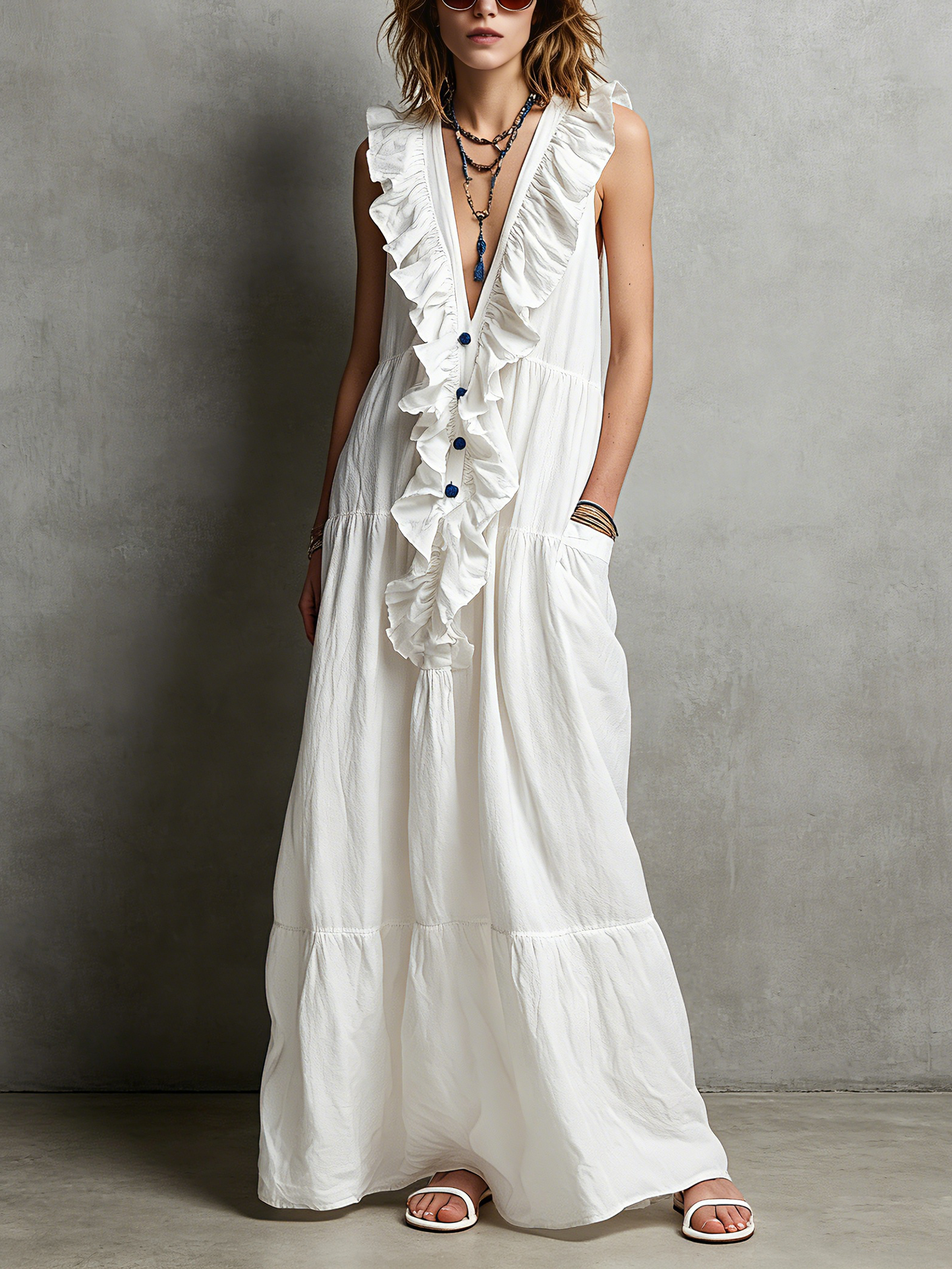 Women's Casual White Cotton-Linen Maxi Dress — V-Neck, Ruffled, Sleeveless